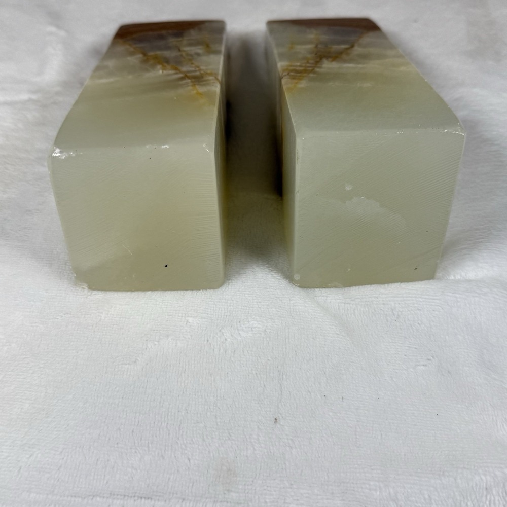 Vintage Green Onyx Marble Bookends Pair Natural Stone Brown Banded 7in Geometric - Picture 7 of 10